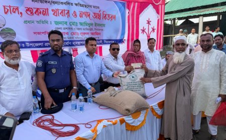 চৌহালীতে নদীভাঙন কবলিতদের পাশে জেলা প্রশাসক, ক্ষতিগ্রস্তদের মাঝে ঢেউটিন, নগদ অর্থ, চাল ও শুকনো খাবার বিতরণ